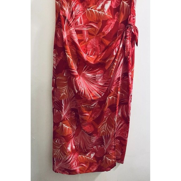 R K Originals Dress 10P Petites Red Pink Faux Wrap Tropical Floral Sleeveless - Picture 9 of 16